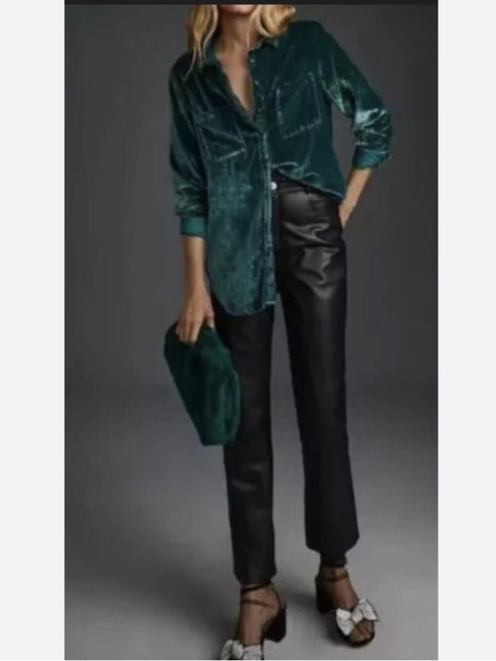 NEW Anthropologie Pilcro Velvet Hadley Relaxed Button Down Shirt Green Small Top - Picture 6 of 16